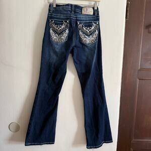 REBEL JEANS | Dark Blue Faded Bootcut Embellished Pocket Jeans | Size 9